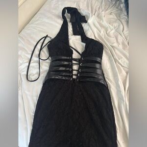 Fashion Nova Black Lace Mini Dress with Leather Details